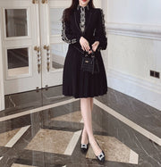 High Quality Pleated Long Sleeve Black Elegant Dress