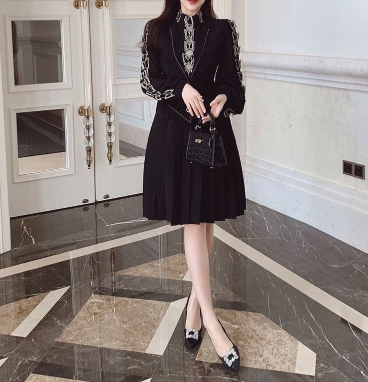 High Quality Pleated Long Sleeve Black Elegant Dress