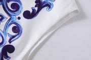 High quality blue and white porcelain print sleeveless flared dresses