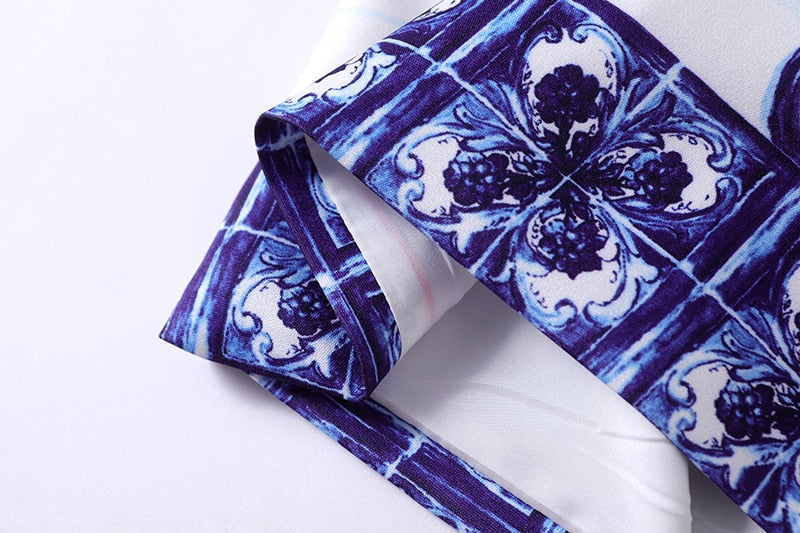 High quality blue and white porcelain print sleeveless flared dresses