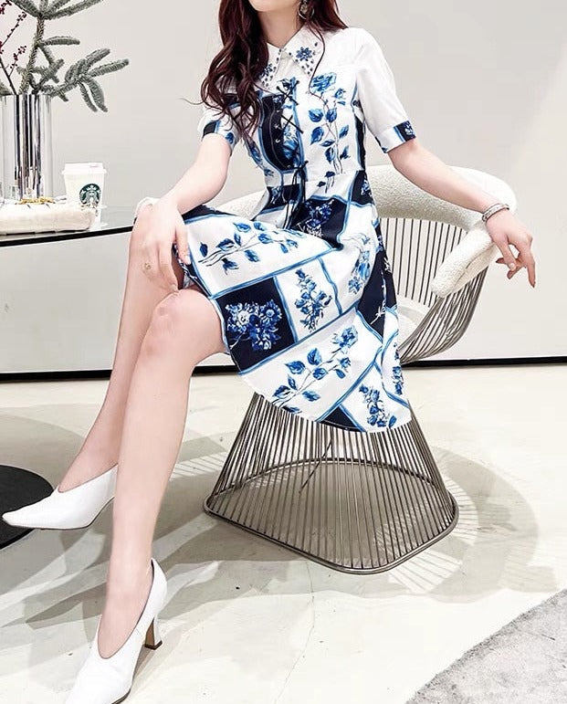 Dress elegant white and blue floral printed knee length  lace up A-line