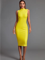 Yellow Sleeveless Bodycon Midi Elegant Dress