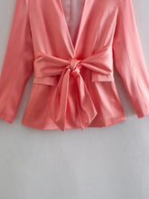 Pink Satin V Neck Bow Lace Up Long Sleeves Robe