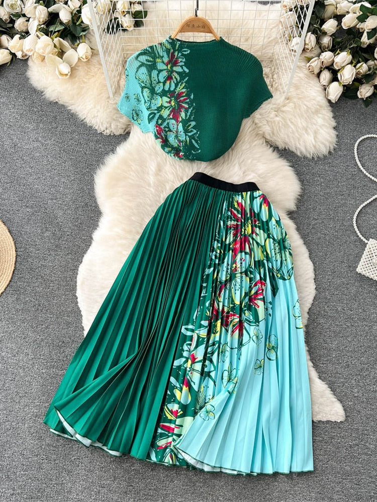 Two Piece Set Floral Print Pleated Elastic Raglan Sleeve T-shirt Top + Long Skirt High Quality