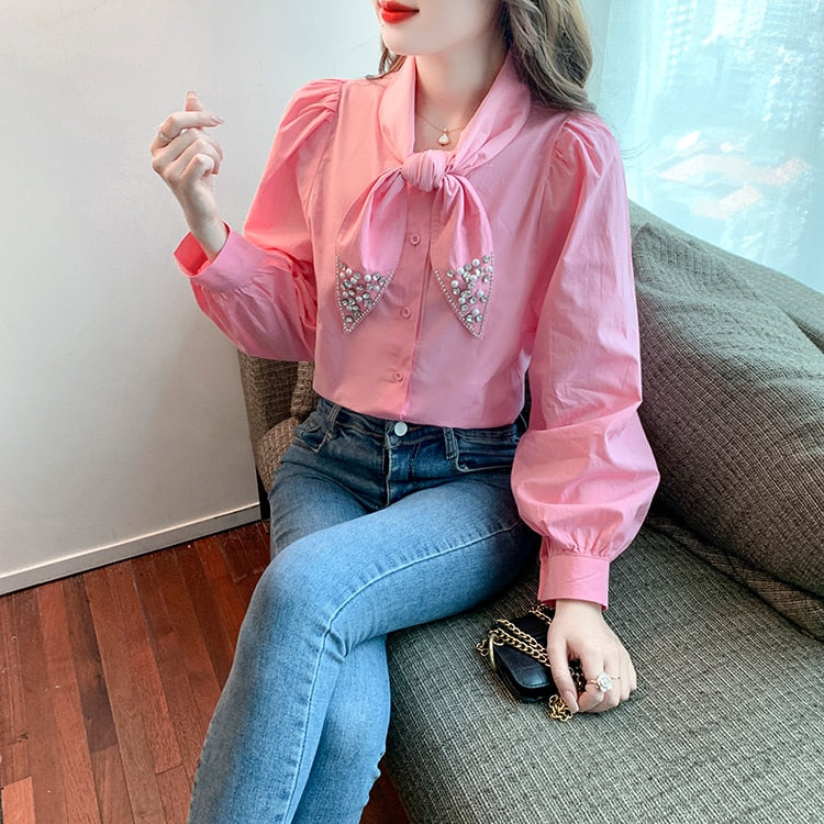 Rhinestone Fashion Office Chiffon Blouse Womens Blouses Vintage Casual Top Long Sleeve Blusas Loose Shirts