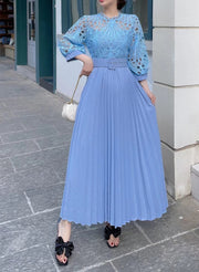 High quality vintage belted round neck half sleeve hollow out lace dress