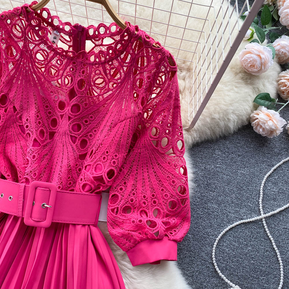 High-quality multi-color belted pleated lace dress with long High-quality multi-color belted pleated lace dress with long