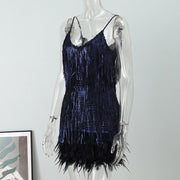 Off Shoulder Dresses V-Neck Feather Stitching Sequined Fringed