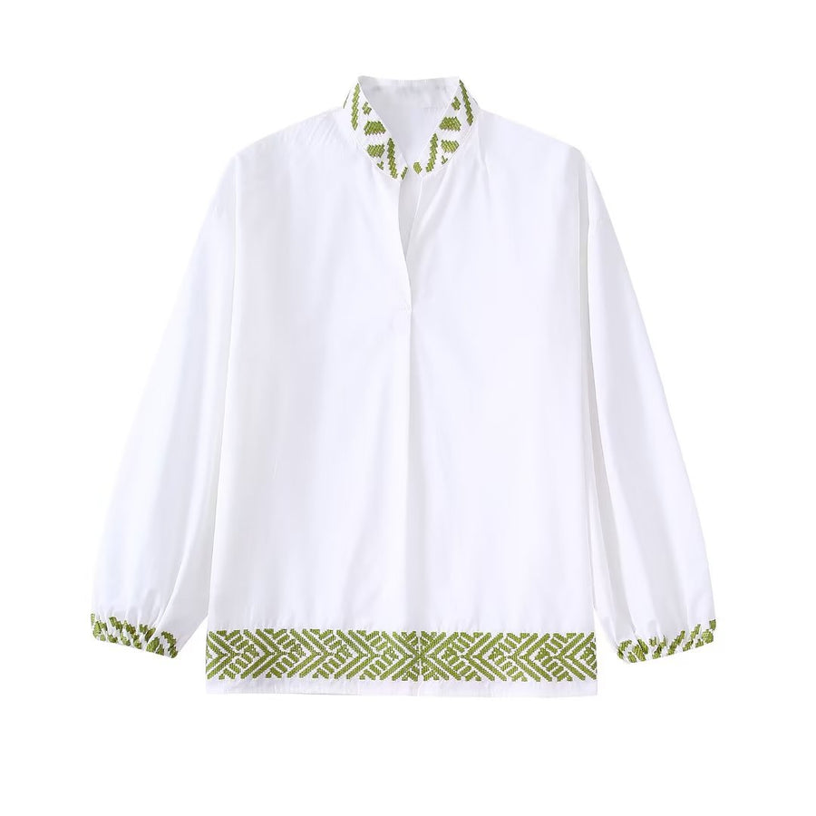 Stand Collar Embroidery Casual White Kimono Blouse Female Side Split Chic Shirt