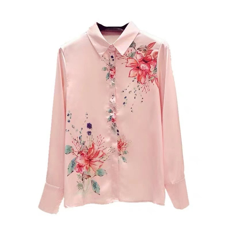 High quality pink and white print long sleeve silk shirt