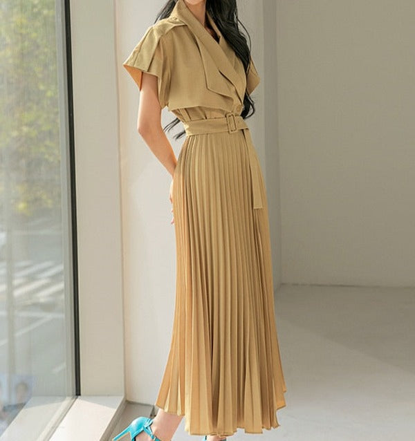 High Quality Slim Waist Belted Short Sleeve Pleated Notched Neck Elegant Dress