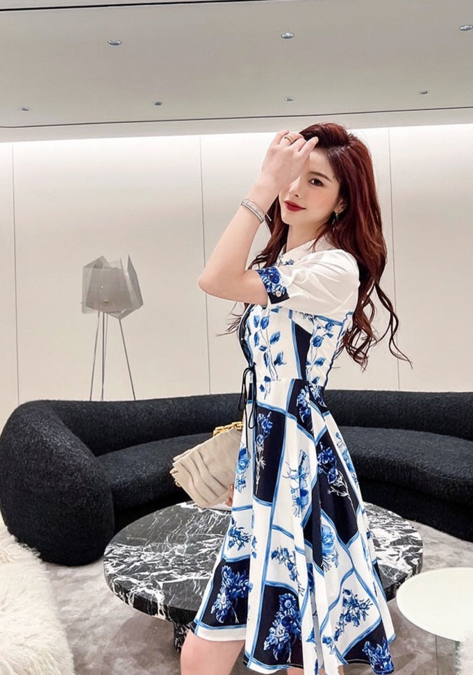 Dress elegant White and Blue floral printed knee length lace up A-line Blue / XL Dress elegant White and Blue floral printed knee length lace up A-line Blue / XL