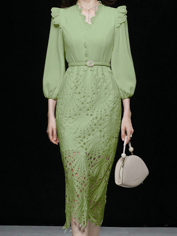 High Quality Slim Waist Three Quarter Sleeve V Neck Lace Elegant Dress Green / XL High Quality Slim Waist Three Quarter Sleeve V Neck Lace Elegant Dress Green / XL