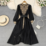 High quality slim round neck long sleeve gold thread embroidery vintage style elegant dress