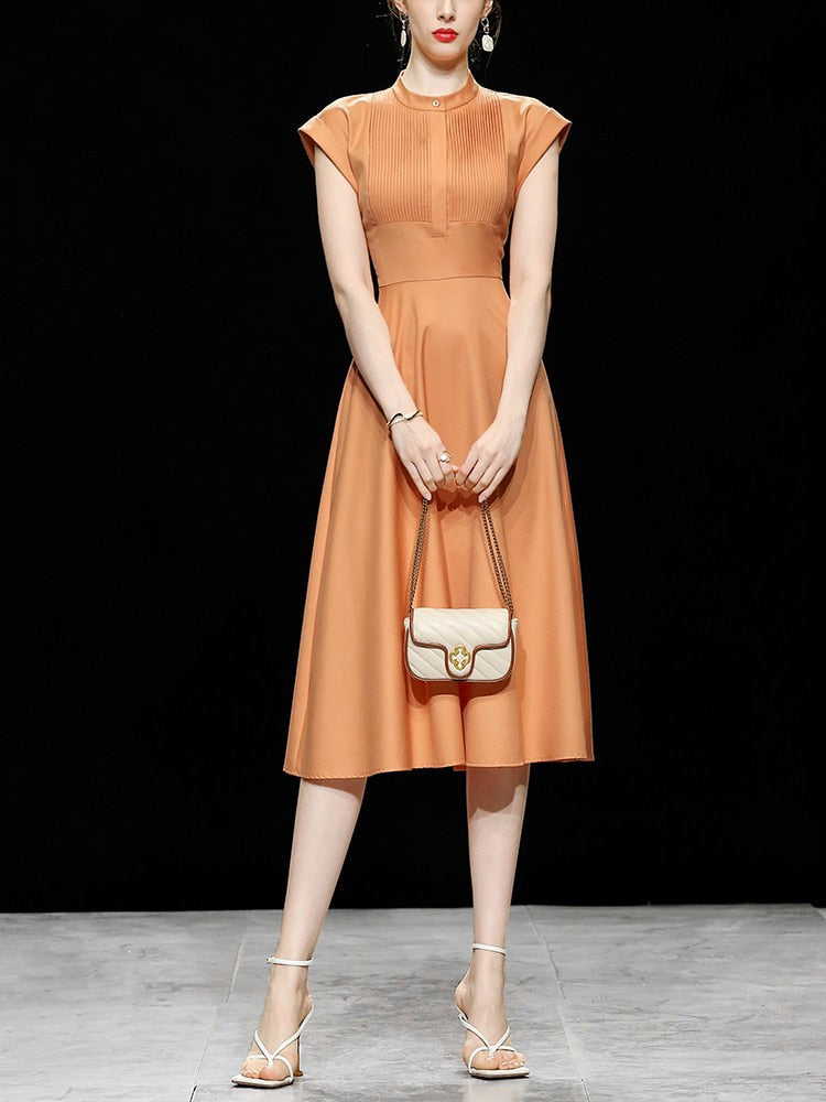 High Quality Round Neck Sleeveless Vintage Shirt Dress Orange / L High Quality Round Neck Sleeveless Vintage Shirt Dress Orange / L