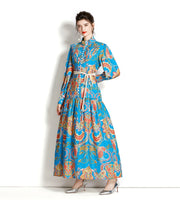 High Quality Loose Belt Floral Print Multicolor Long Sleeve Lantern Dress