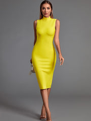 Yellow Sleeveless Bodycon Midi Elegant Dress