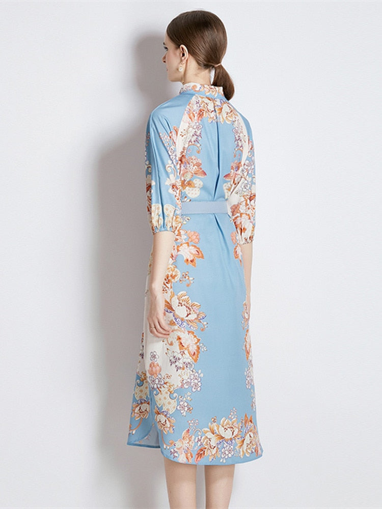 High Quality Belted Long Sleeve Flower Print Midi Dress