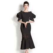 Vintage Designer High Quality Puff Sleeve Multi Color Flower Embroidery Elegant Dress