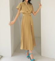 High Quality Slim Waist Belted Short Sleeve Pleated Notched Neck Elegant Dress