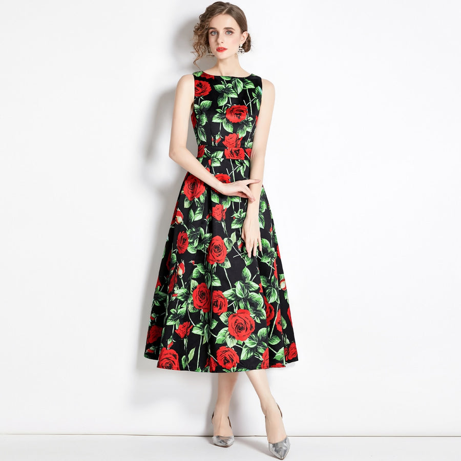 High Quality Midi Floral Print Sleeveless Round Neck Dress