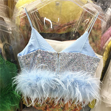 Short blouse with sequins and feathers in various colors