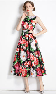 High Quality Midi Floral Print Sleeveless Round Neck Dress