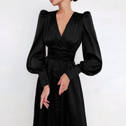 V Neck Long Sleeves Flared Maxi Dress