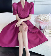 Elegant Double Breasted Midi Puff Sleeve Belted High Waist Plain Dress