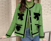 Classic Style Chunky Contrast Color Bow Knitted Tweed Jacket