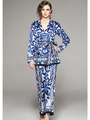 High Quality Blue Porcelain Print Long Sleeve Blouse + Pant 2 Piece Set