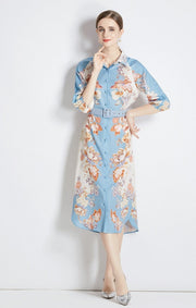 High Quality Belted Long Sleeve Flower Print Midi Dress