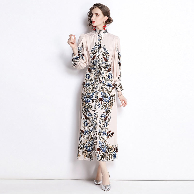 High Quality High Neck Long Sleeve Print Elegant Dress