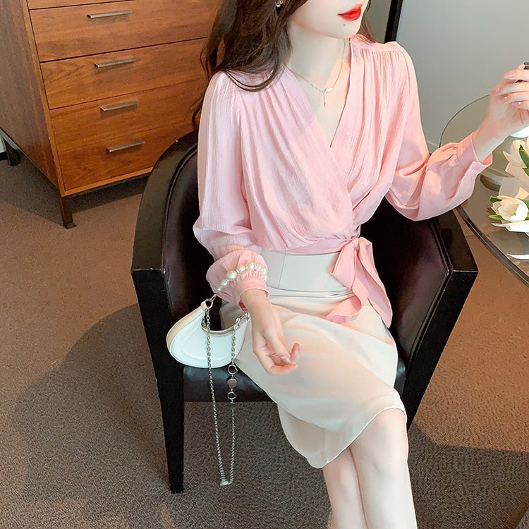 High Quality Long Sleeves V Neck Loose Elegant Vintage Pink Blouses – ETERNA
