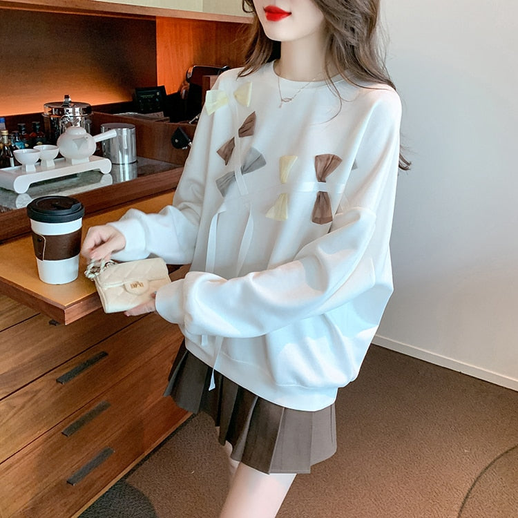 Elegant Autumn Tops Women&#39;s Long Sleeve Sweatshirt Bow Vintage Work Casual Korean O-Neck Design Loose T-Shirts