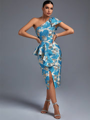 Blue Elegant Sexy Midi One Shoulder Ruffles Jacquard Bodycon Dress