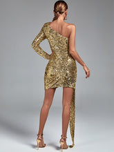 Sexy Elegant One Shoulder Draped Gold Sequin Bodycon Dress