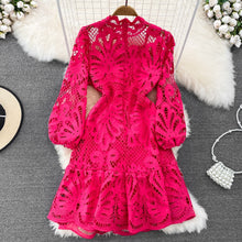 High Quality Vintage High Waist Puff Sleeve Stand Collar Mermaid Lace Short Floral Embroidery Lace Dress