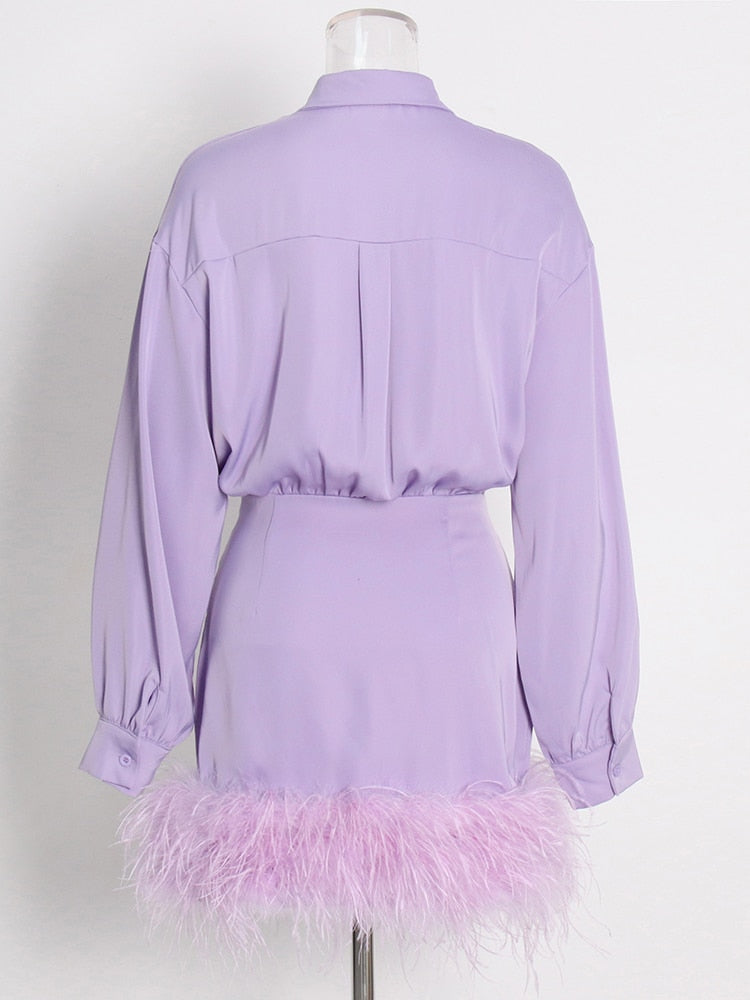Sexy Patchwork Feathers Shirt Dress For Women Lapel Long Sleeve Gathered Waist Mini A Line Dresses Female Spring Clothes New Black / M Sexy Patchwork Feathers Shirt Dress For Women Lapel Long Sleeve Gathered Waist Mini A Line Dresses Female Spring Clothes New Black / M