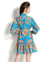High quality vintage long sleeve single breasted lace belt print blue green shirt dress