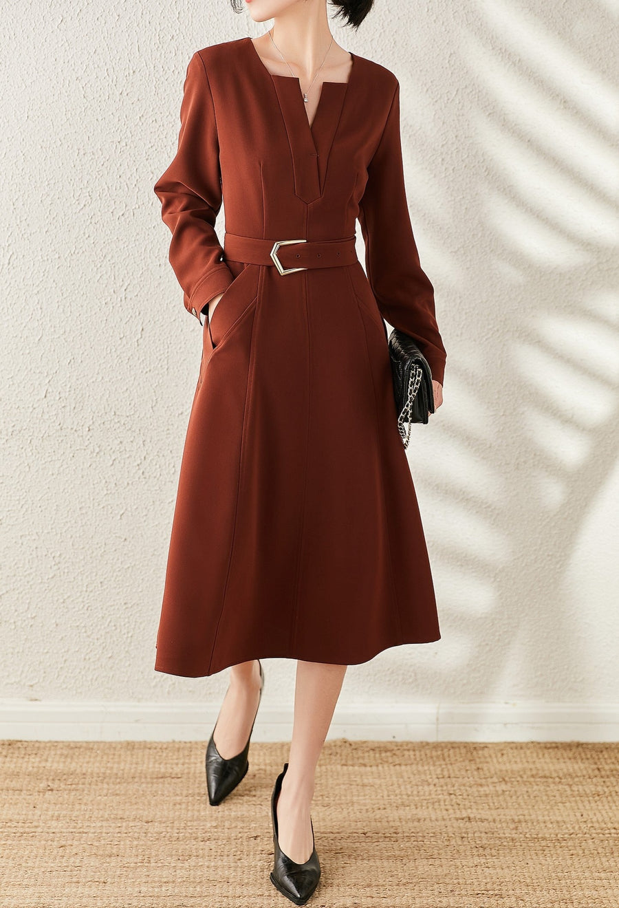 High Quality Belted Elegant Long Sleeves V Neck Vintage Dresses