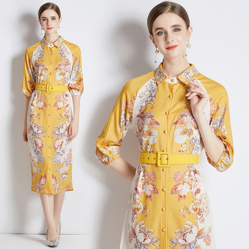 High Quality Belted Long Sleeve Flower Print Midi Dress