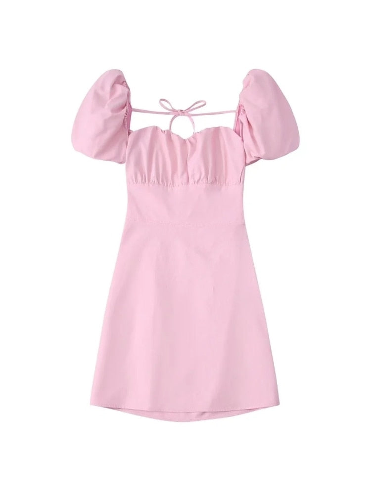 Pink Linen Backless Puff Sleeves Mini Dress