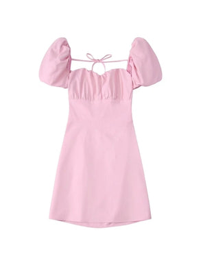 Pink Linen Backless Puff Sleeves Mini Dress