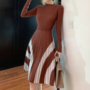 High Quality Striped Long Sleeves Pleated A Line Sweater Dress