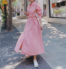 Pink dress with collar long sleeves with pocket on the sides and high quality bow