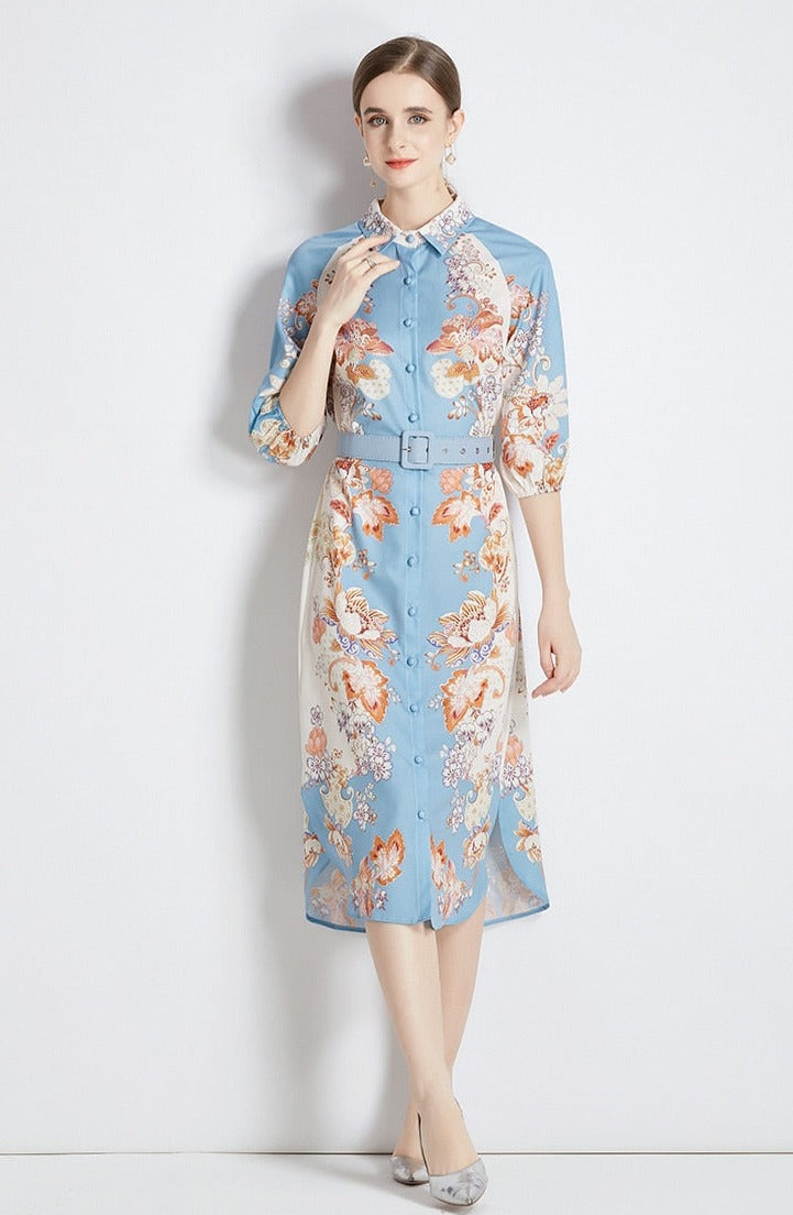 High Quality Belted Long Sleeve Flower Print Midi Dress