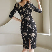 High Quality Floral Print Knee-Length Sleeve Dress