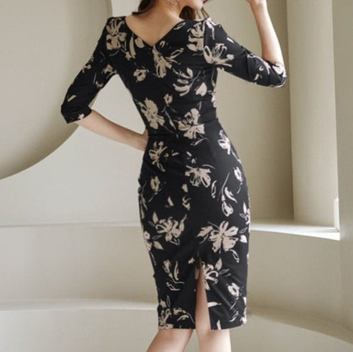 High Quality Floral Print Knee-Length Sleeve Dress