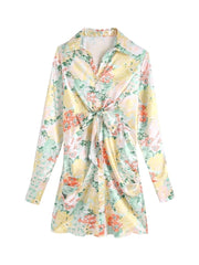 Long Sleeve Elegant Sweet Bow Floral Print Satin Shirt Dress